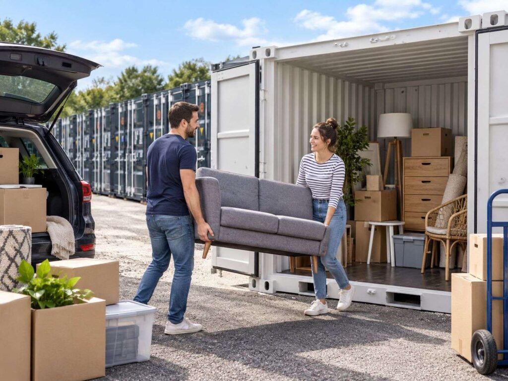 Personnes qui déménages et qui stockent du matériel dans un box